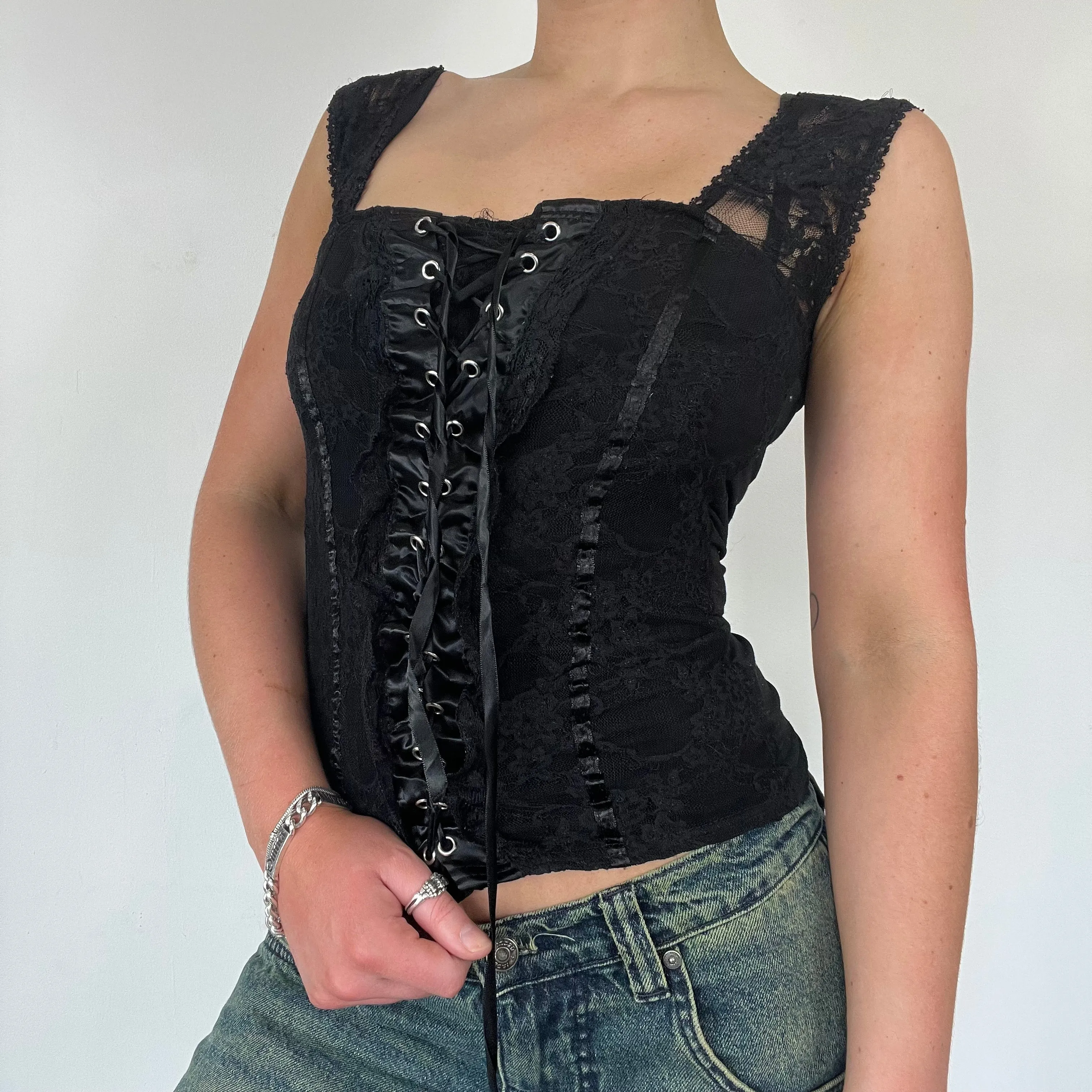 90s lace cami top lace up corset top - Size S