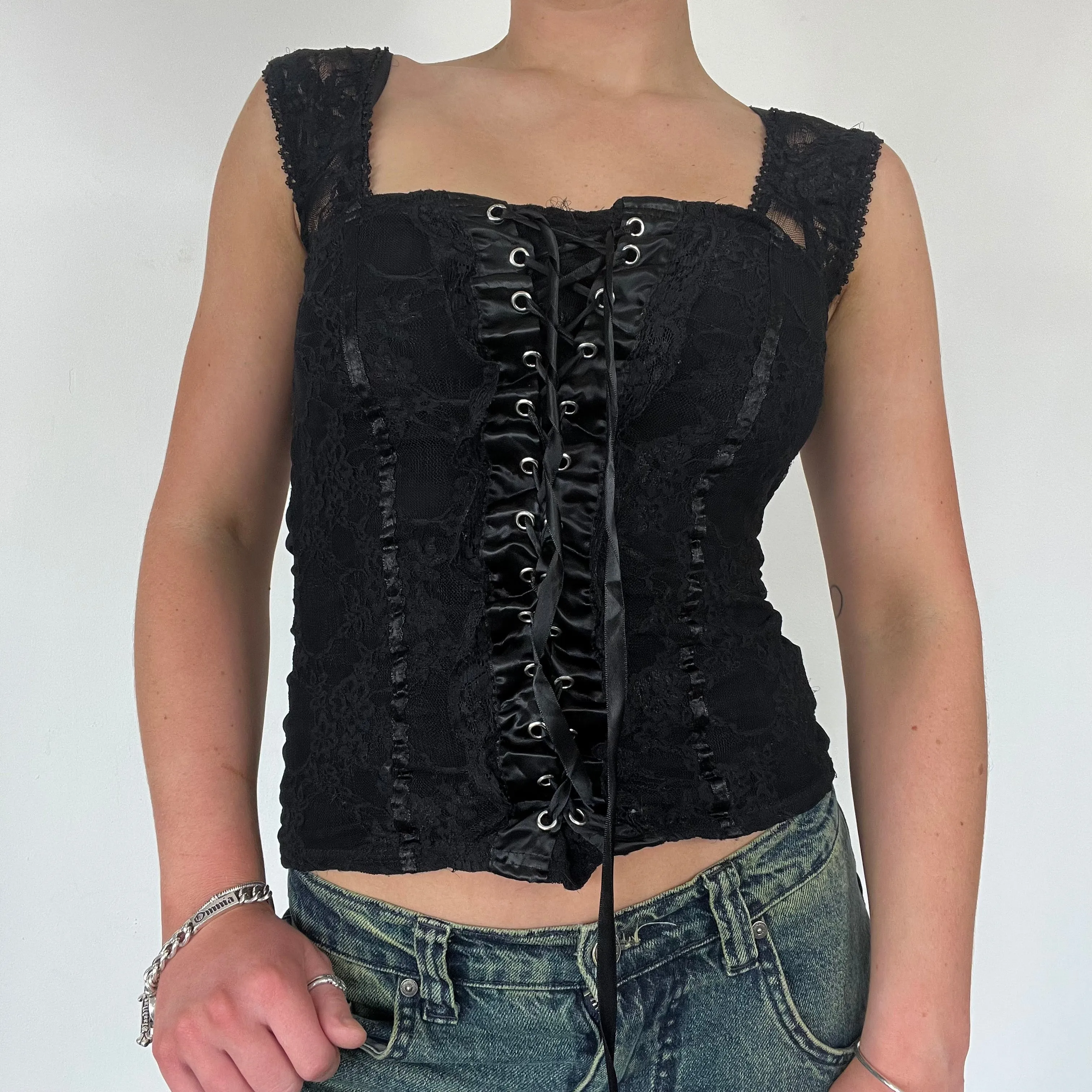 90s lace cami top lace up corset top - Size S