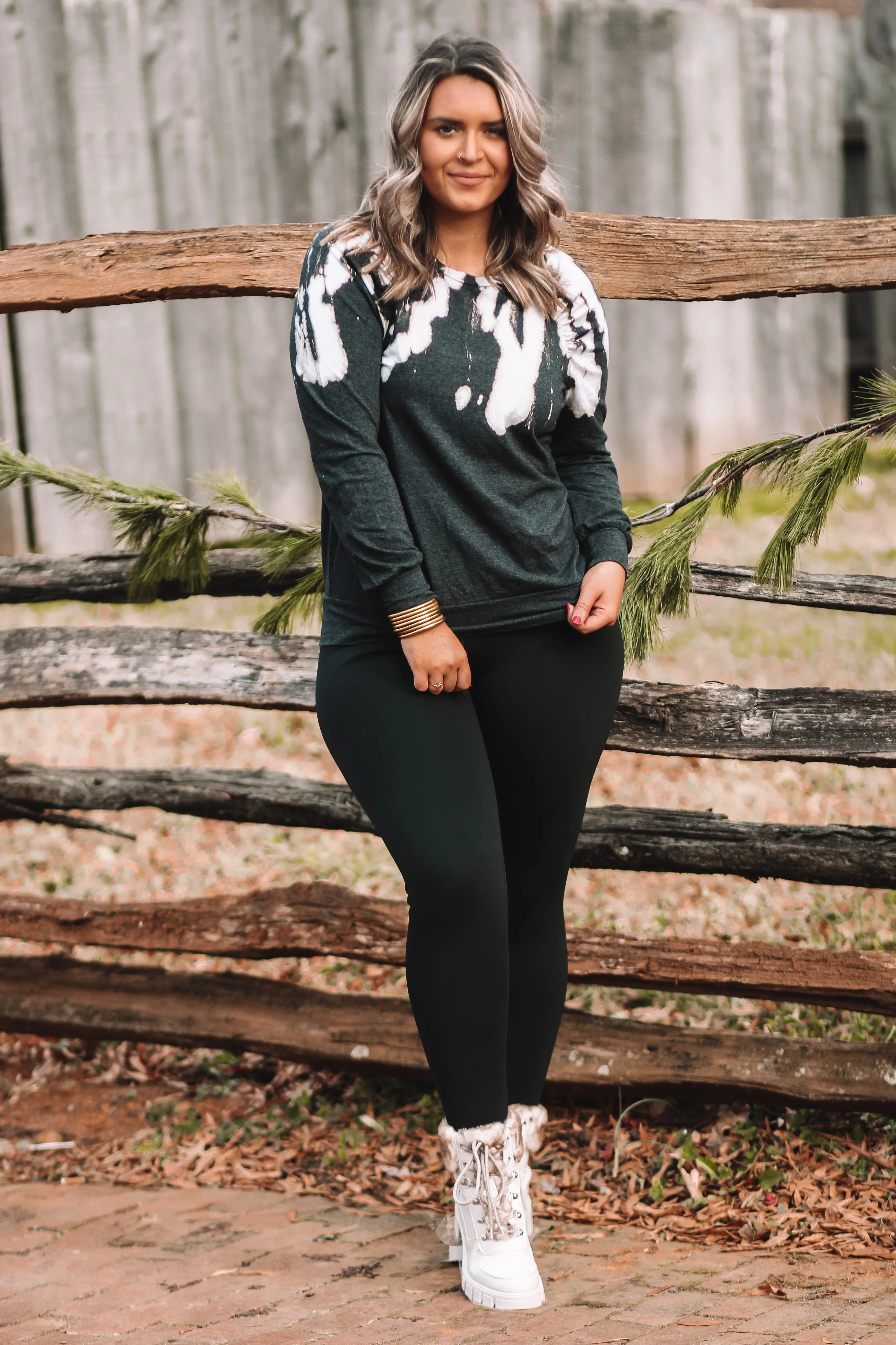 Black Tie Dye Ruched Long Sleeve Top in Regular & Curvy