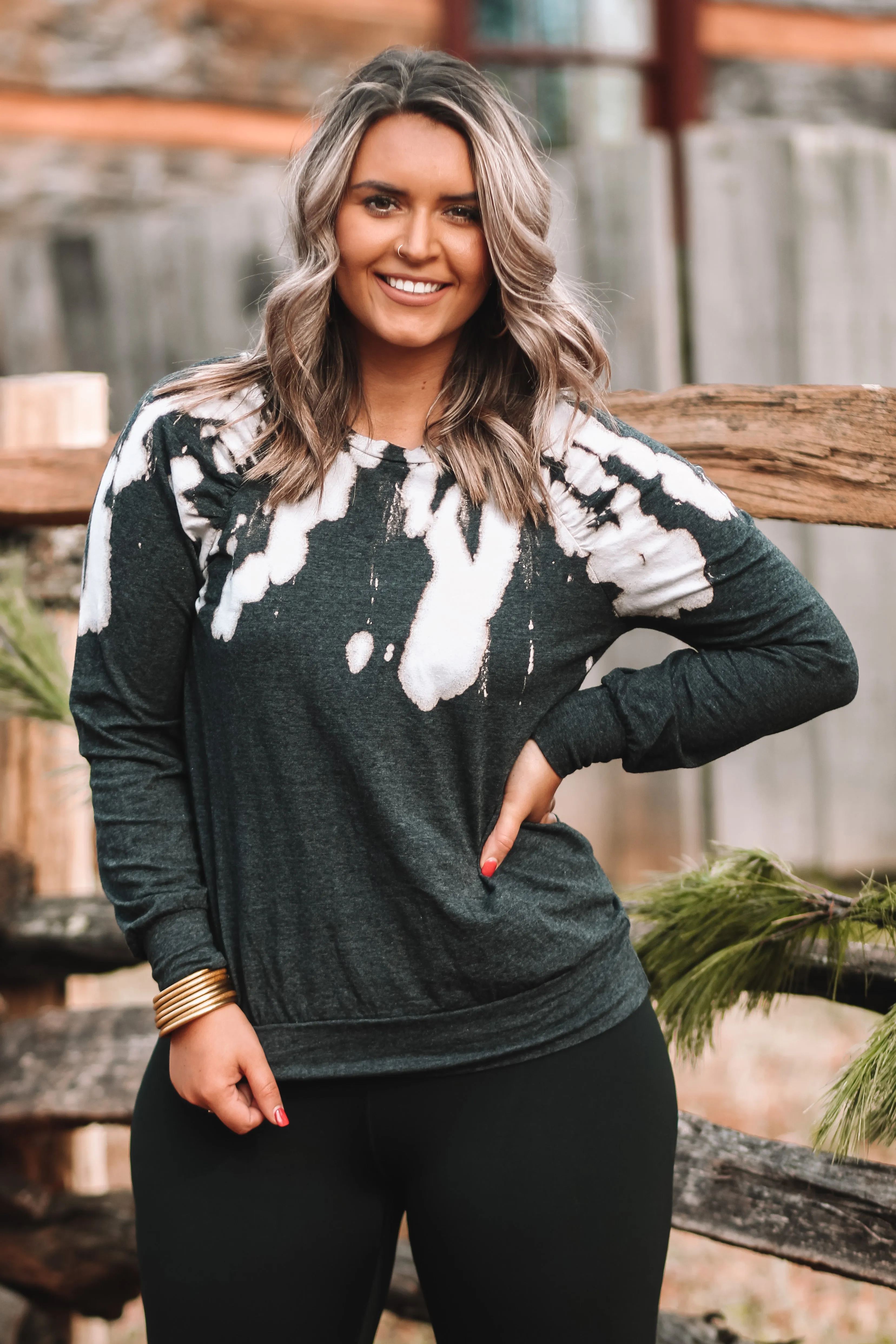 Black Tie Dye Ruched Long Sleeve Top in Regular & Curvy