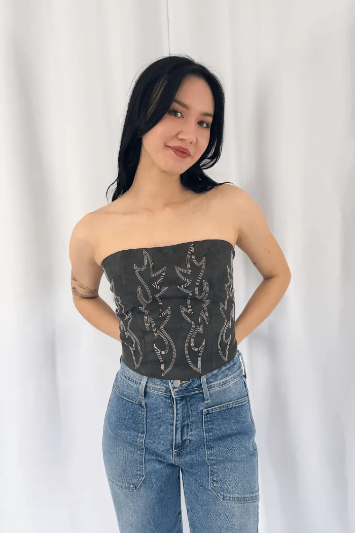 Faux Leather Embroidered Corset Top Black