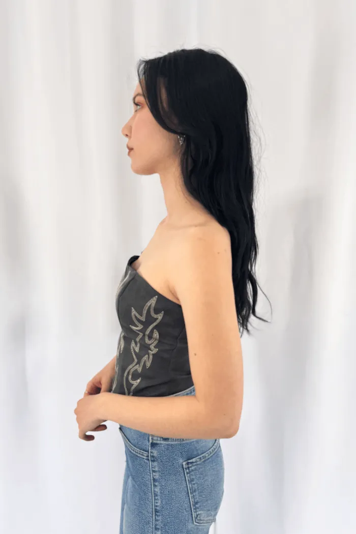 Faux Leather Embroidered Corset Top Black