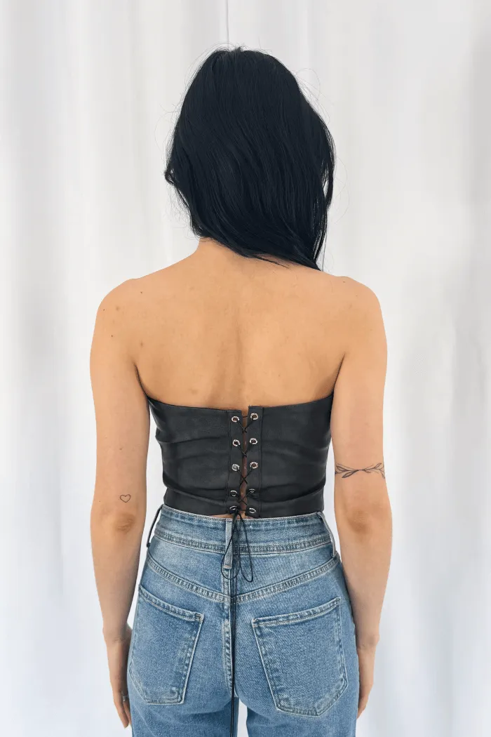 Faux Leather Embroidered Corset Top Black
