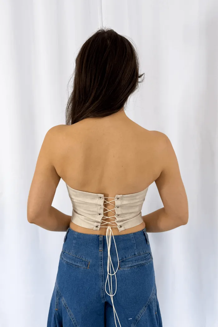 Faux Leather Embroidered Corset Top Cream