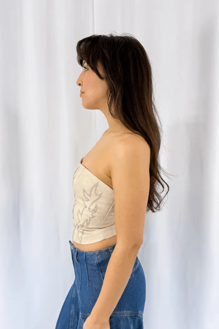 Faux Leather Embroidered Corset Top Cream