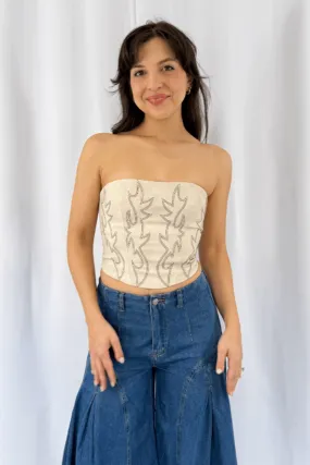 Faux Leather Embroidered Corset Top Cream