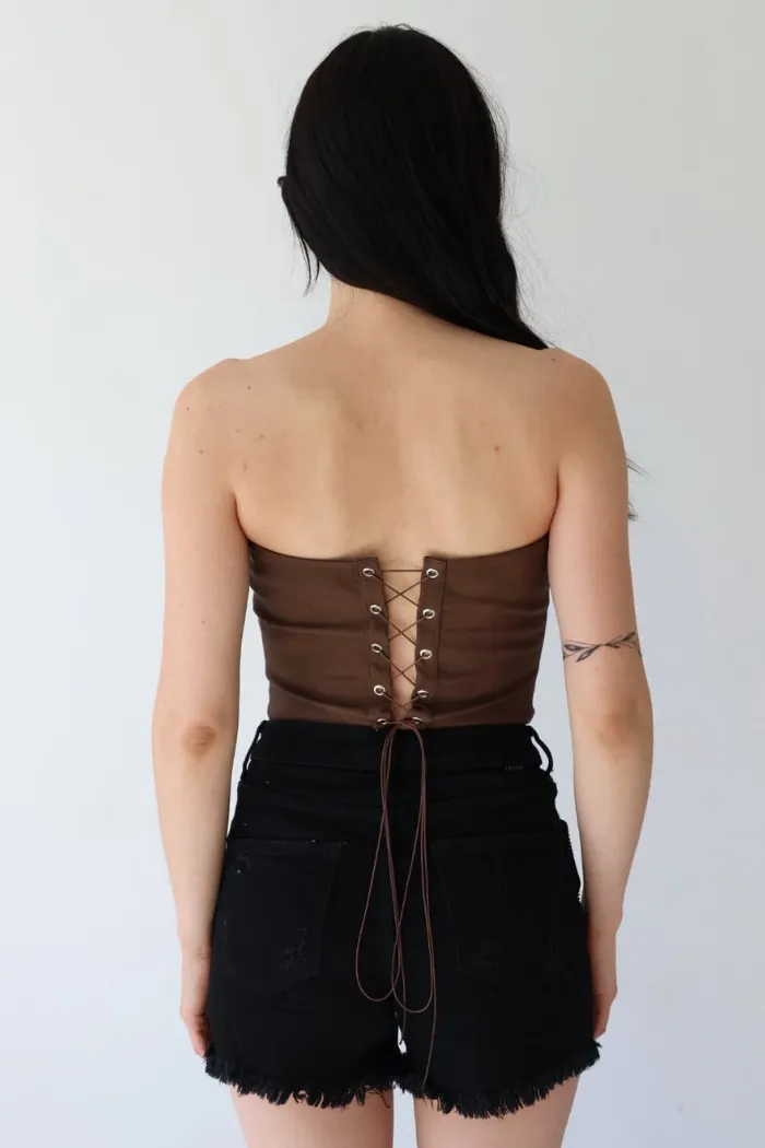 Faux Leather Embroidered Corset Top in Brown