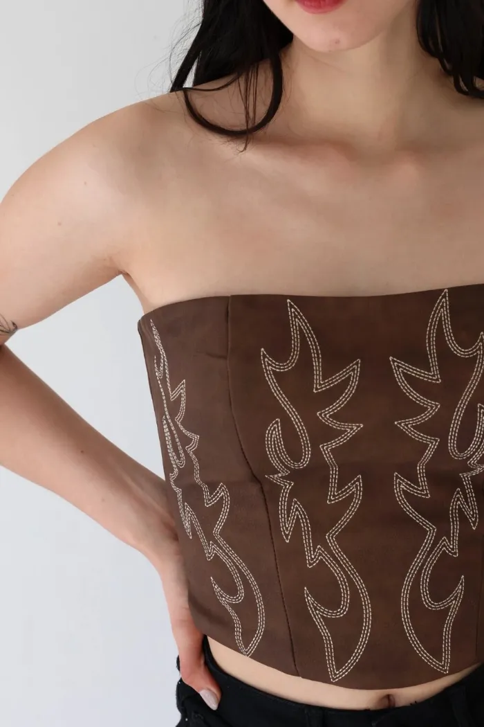 Faux Leather Embroidered Corset Top in Brown