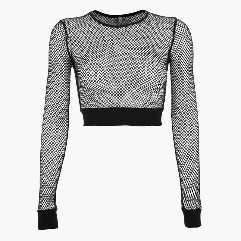 Fishnet Long Sleeve Crop Top Plus Size
