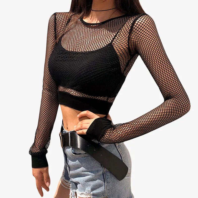 Fishnet Long Sleeve Crop Top Plus Size