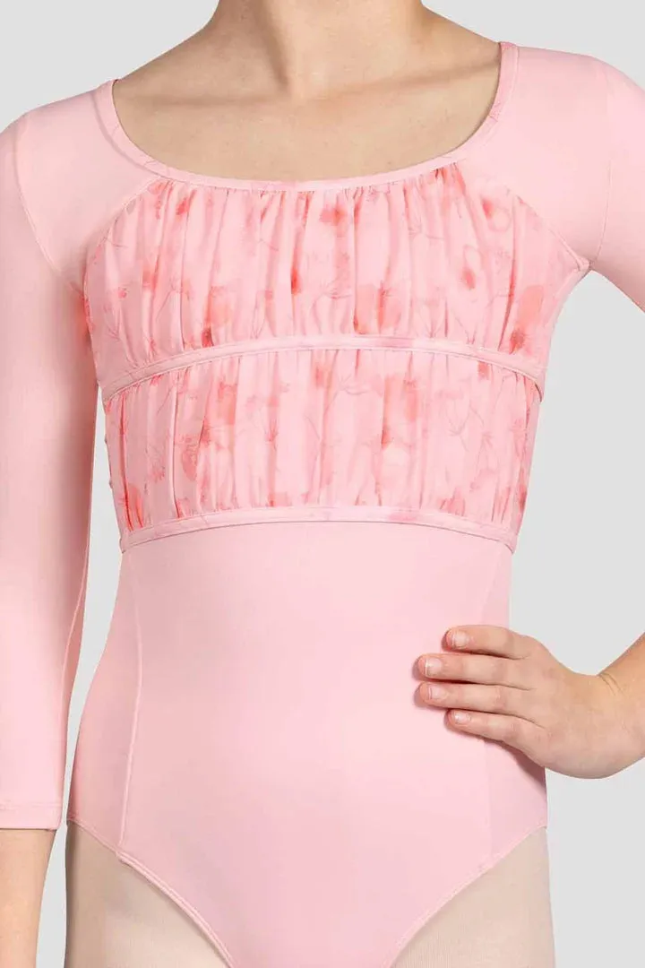 Girls Sophie Floral 3/4 Sleeve Leotard Candy Pink