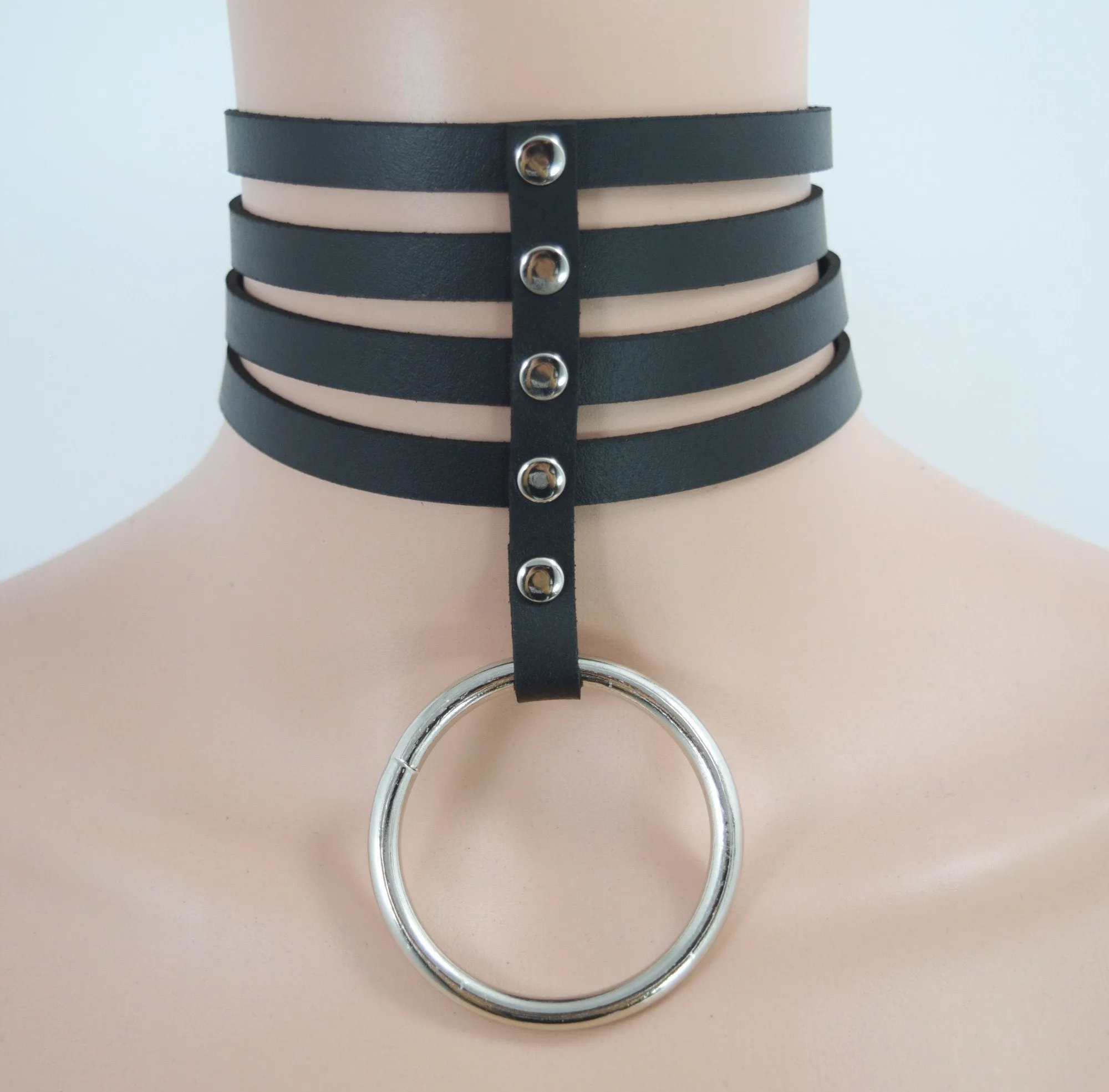 Gothic Emo Punk Rock O-Ring and studs Black Leather Choker Necklace