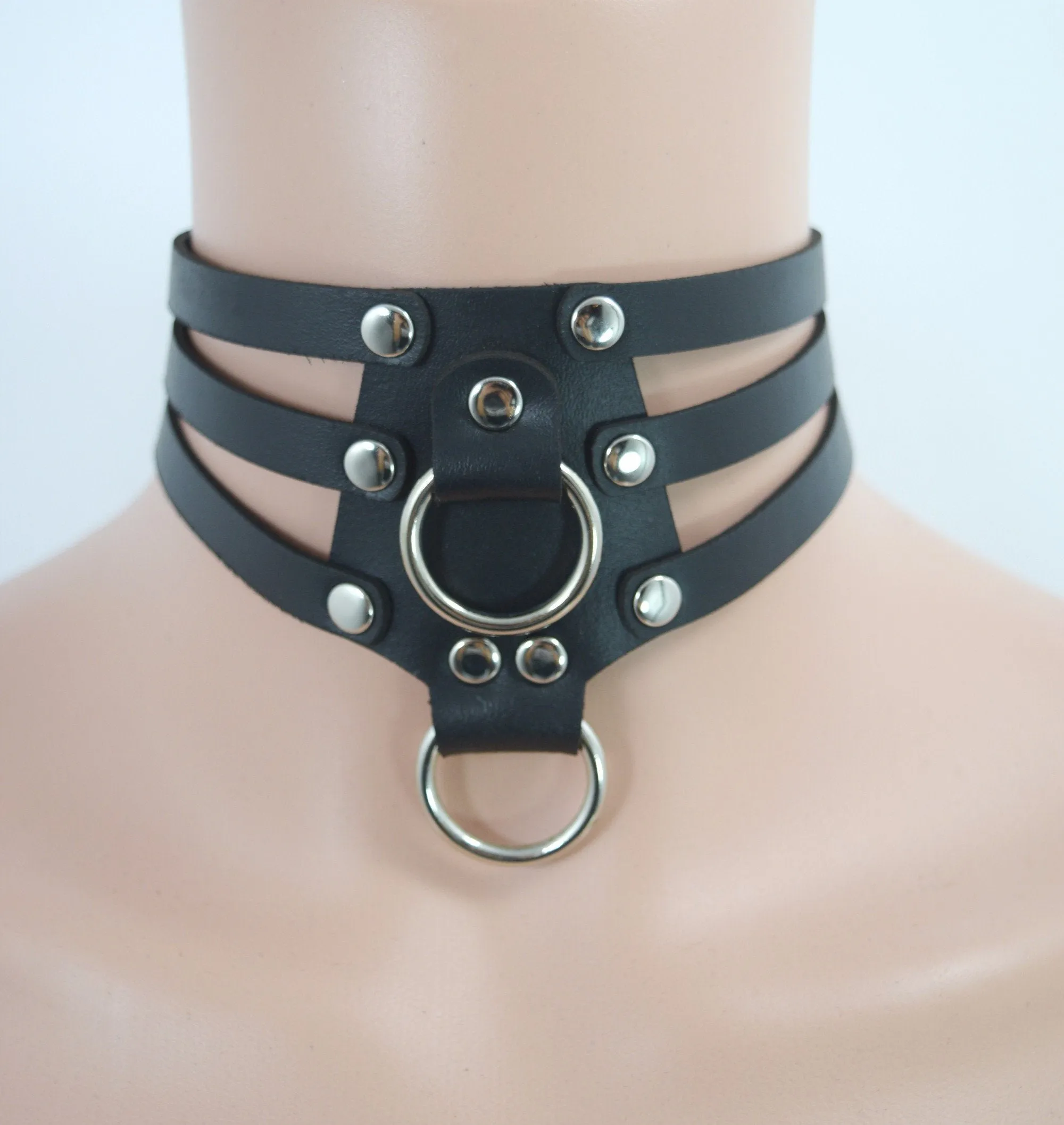 Gothic Emo Punk Rock O-Ring and studs Black Leather Choker Necklace