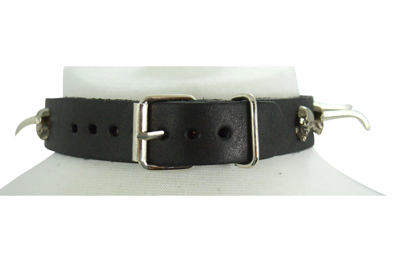 Gothic Punk Rock Emo Biohazard Charm Skull Stud and Horn Spike Leather Choker Collar Necklace