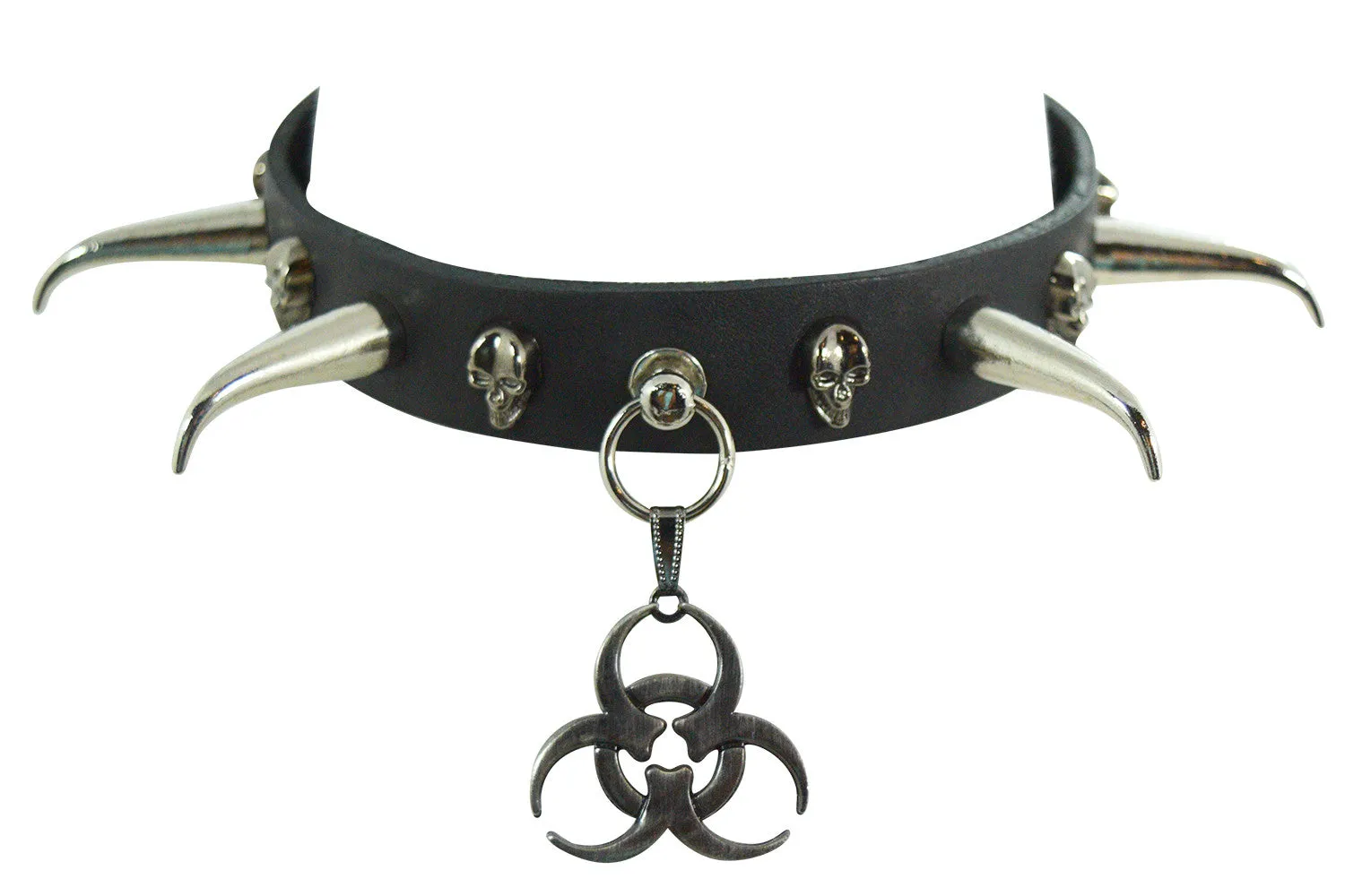Gothic Punk Rock Emo Biohazard Charm Skull Stud and Horn Spike Leather Choker Collar Necklace