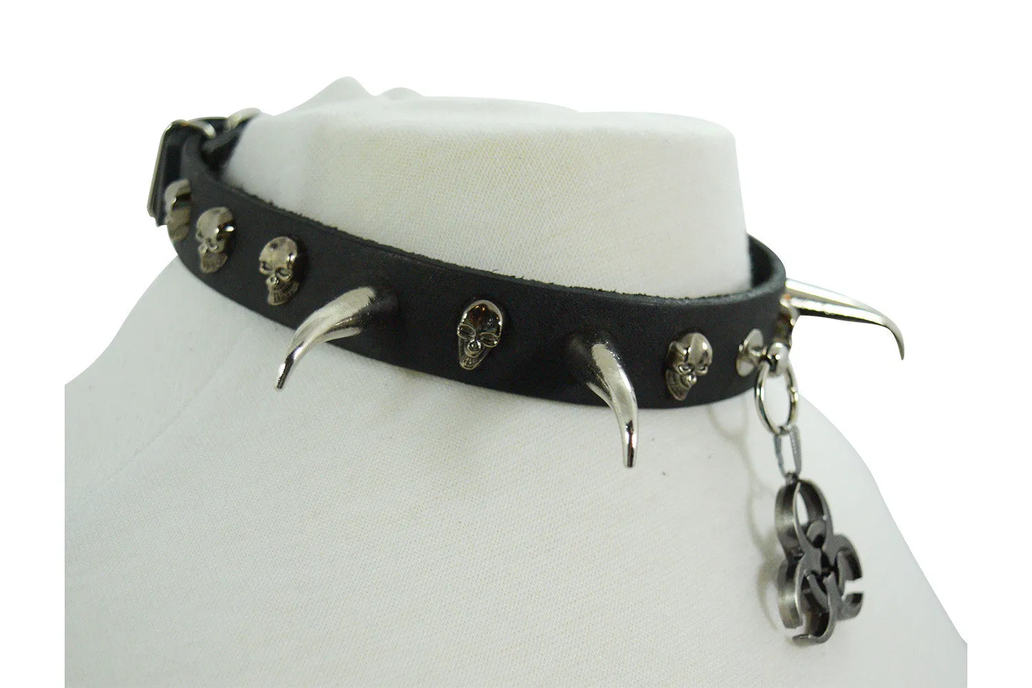 Gothic Punk Rock Emo Biohazard Charm Skull Stud and Horn Spike Leather Choker Collar Necklace