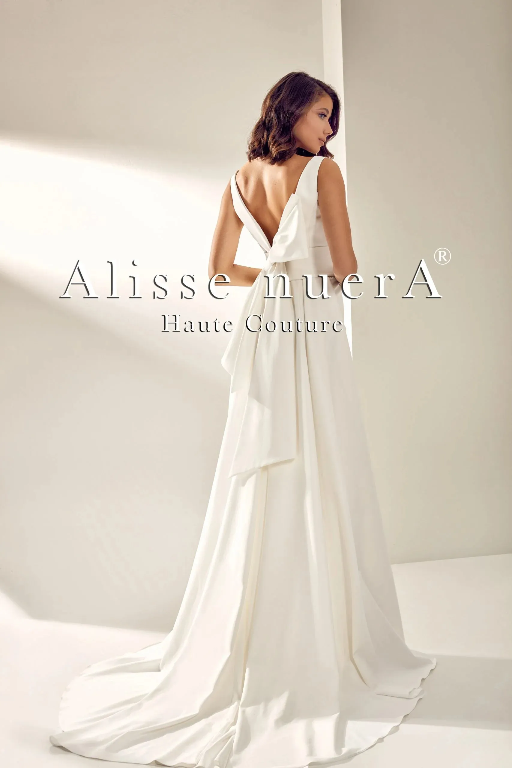 Ivory Plunge Wedding Dress with Oversize Bow and Mid Train