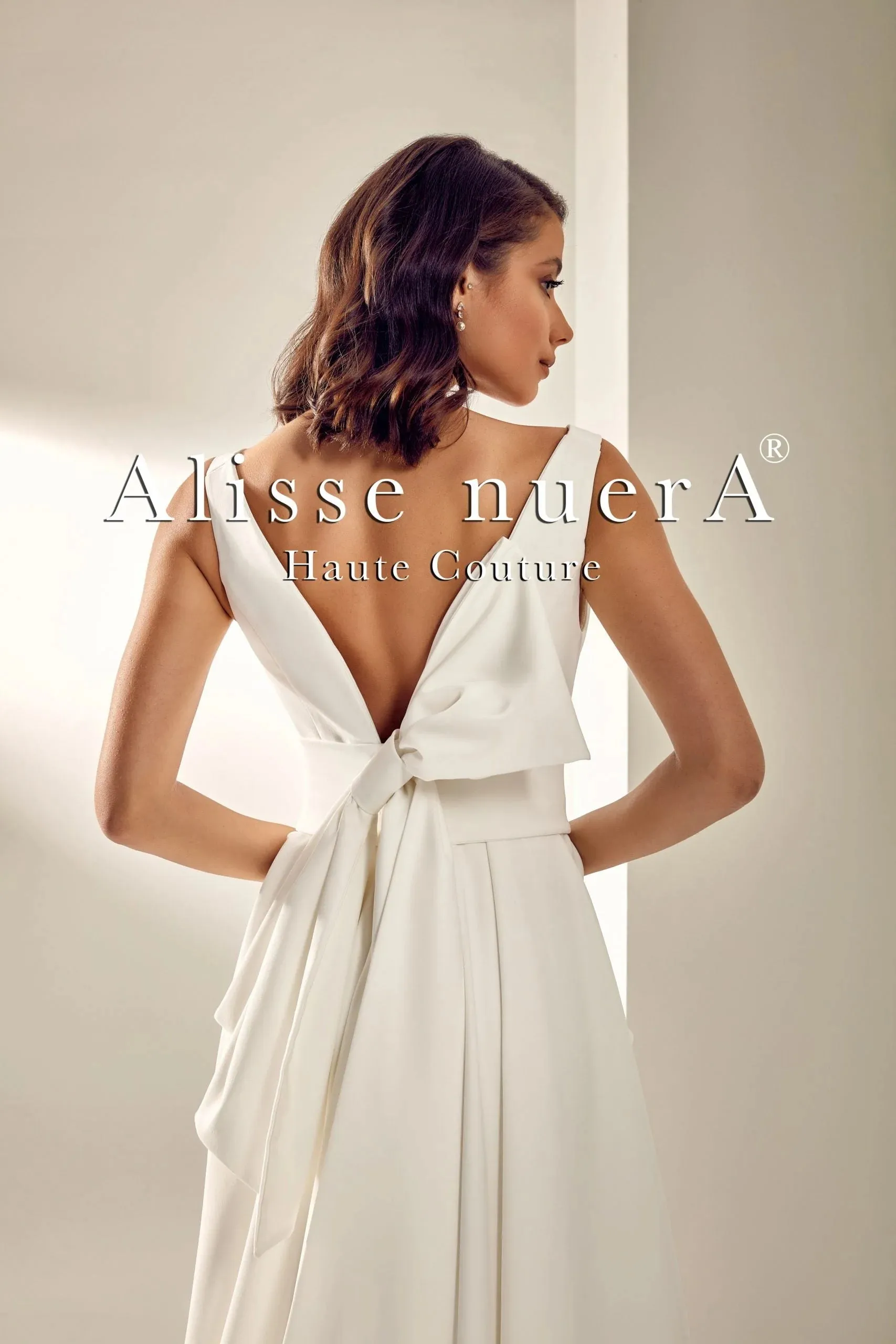 Ivory Plunge Wedding Dress with Oversize Bow and Mid Train