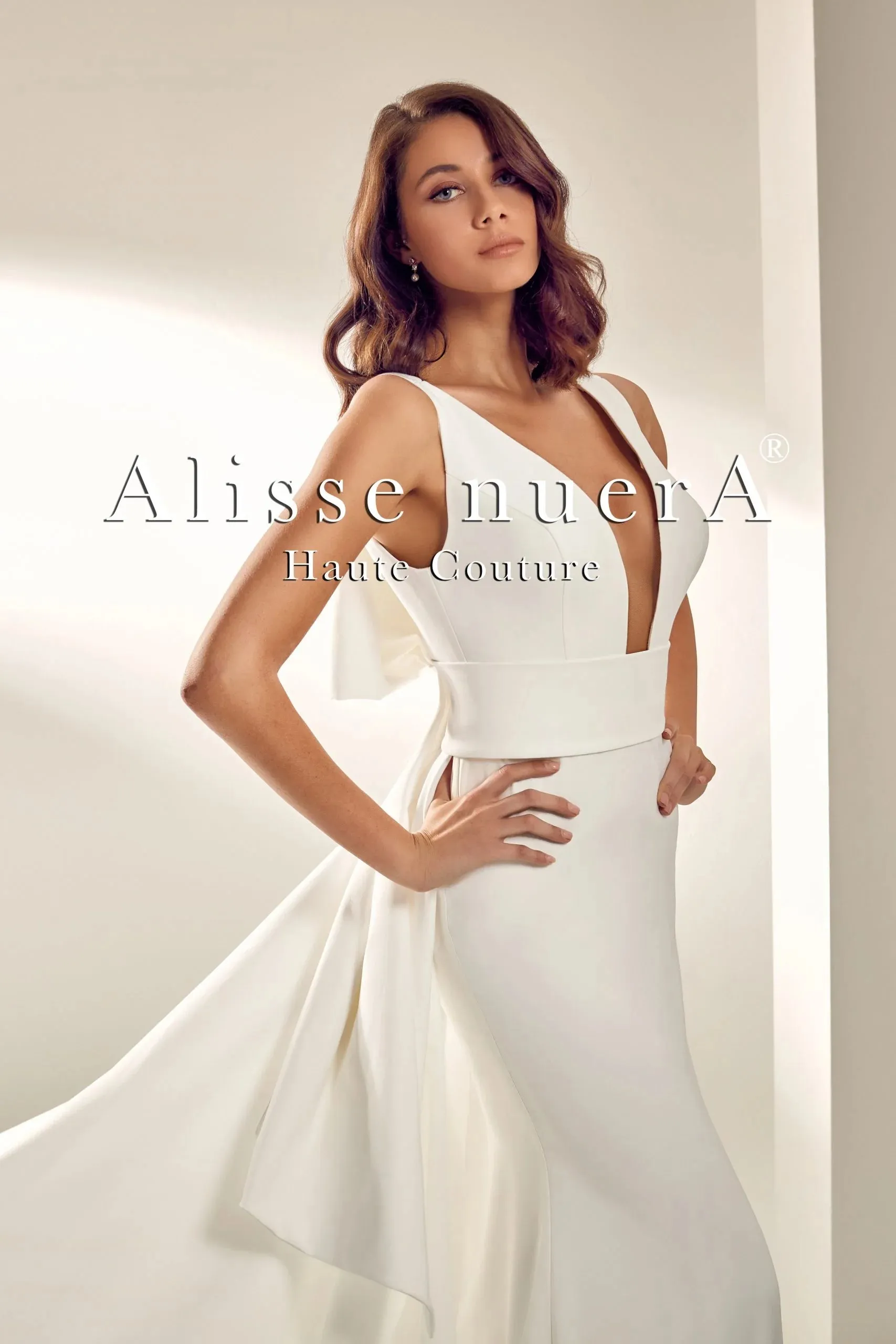 Ivory Plunge Wedding Dress with Oversize Bow and Mid Train