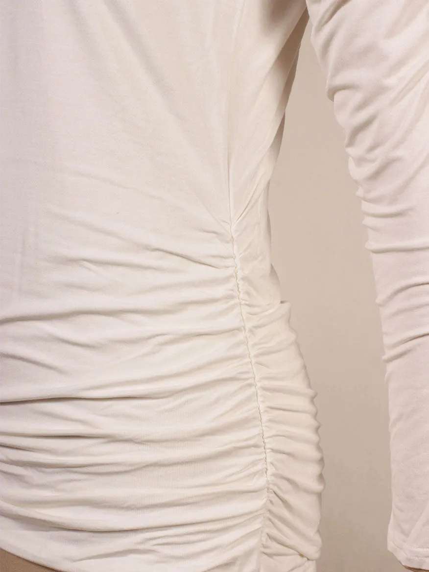 Kinross Ruched Long Sleeve Vee in Bianco