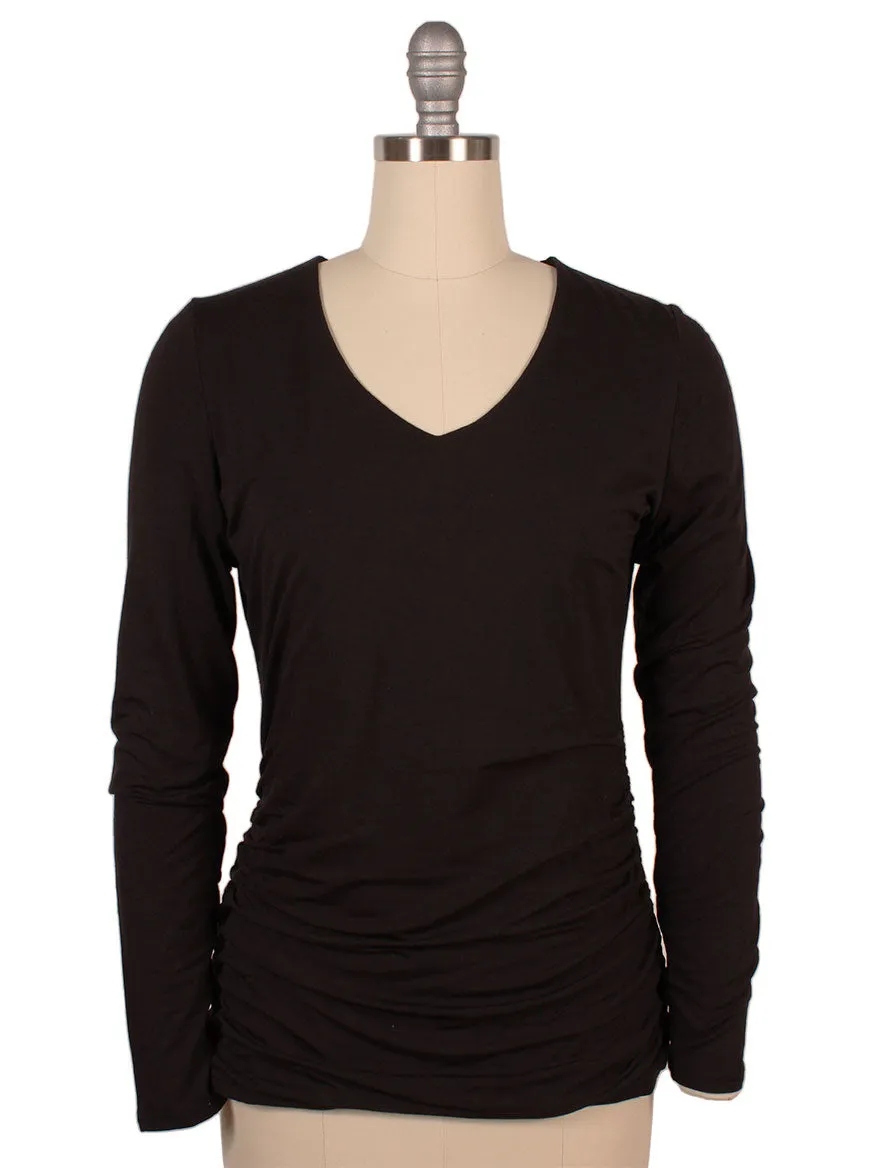 Kinross Ruched Long Sleeve Vee in Black