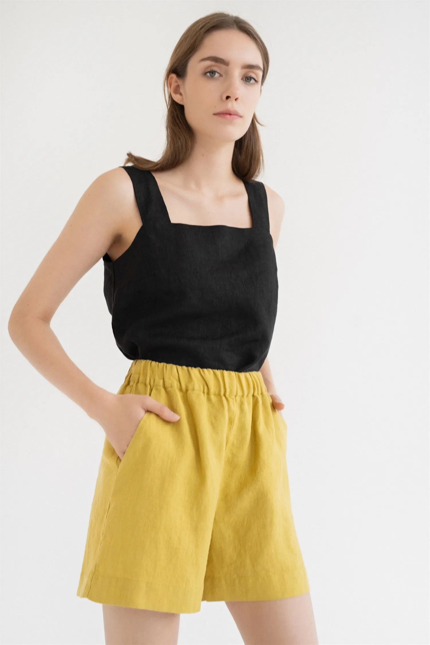 Lemon Curry Linen Hip-Hop Shorts