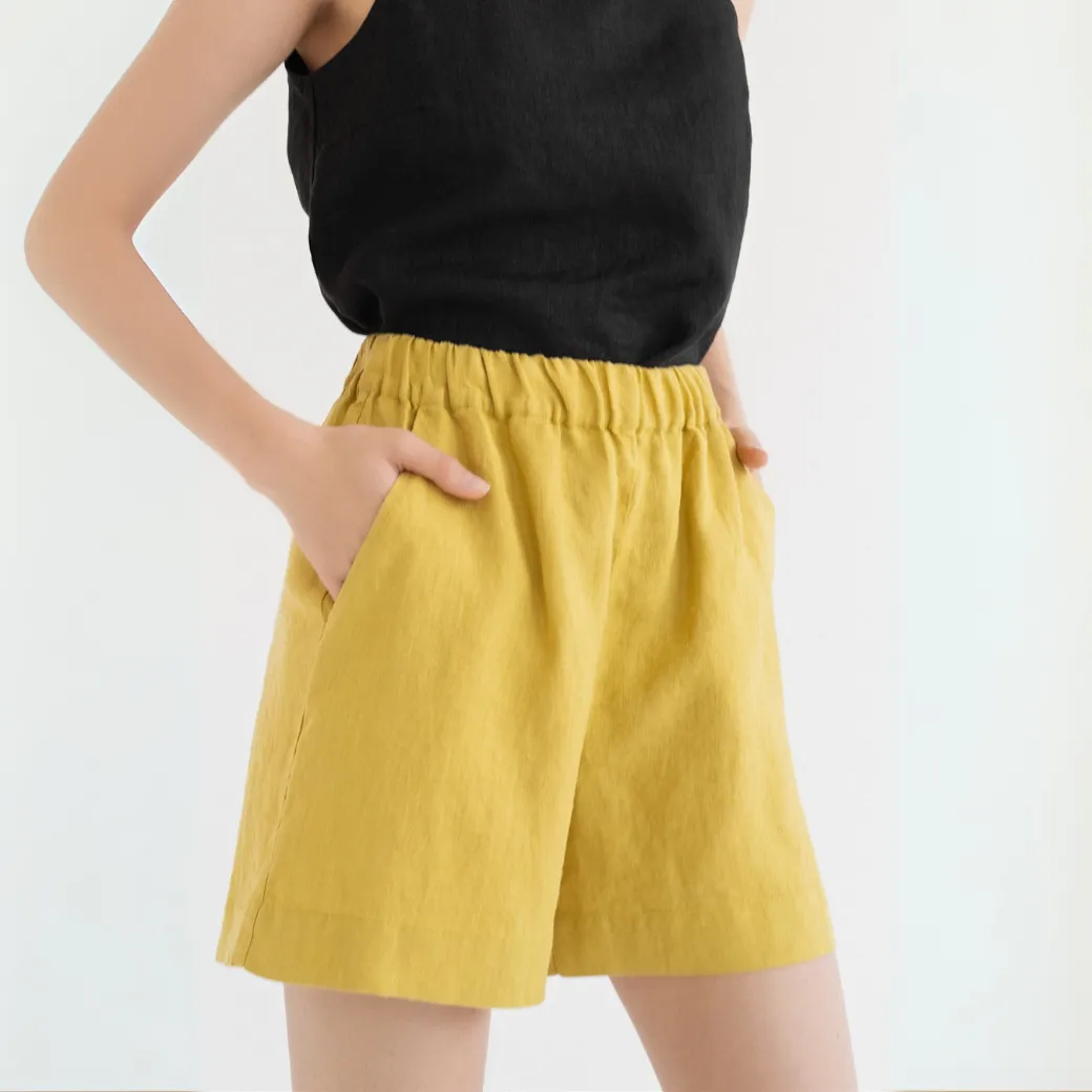 Lemon Curry Linen Hip-Hop Shorts