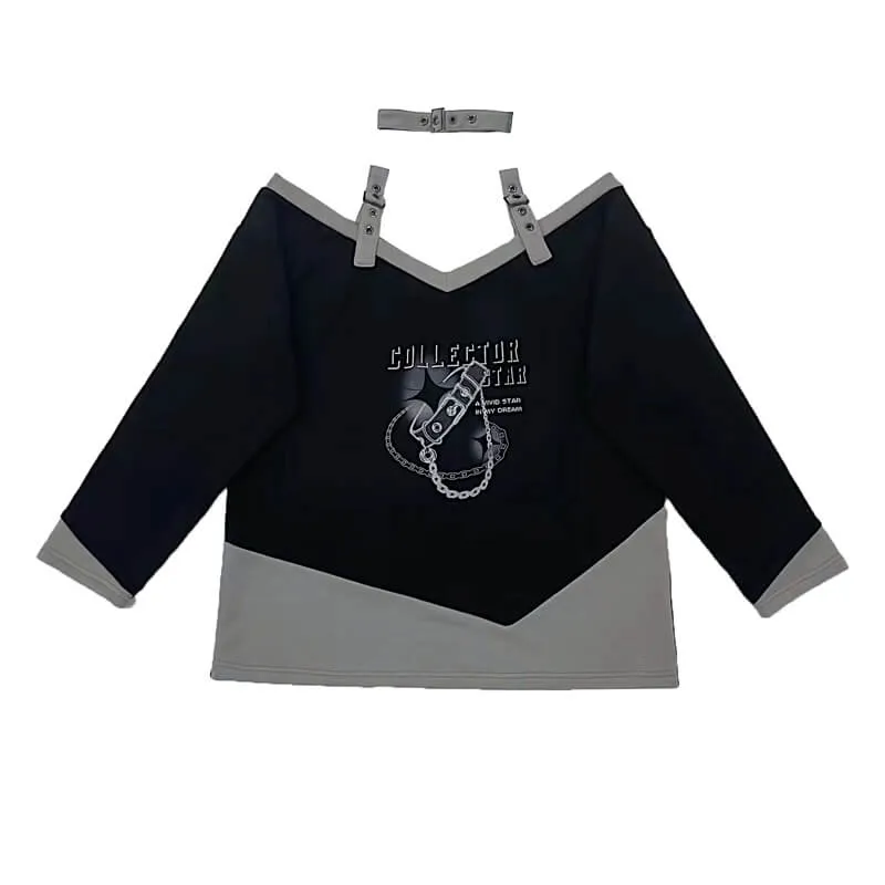 Off Shoulder Strap Sweatshirt with Buckle Choker