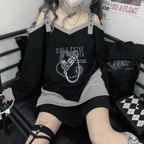 Off Shoulder Strap Sweatshirt with Buckle Choker