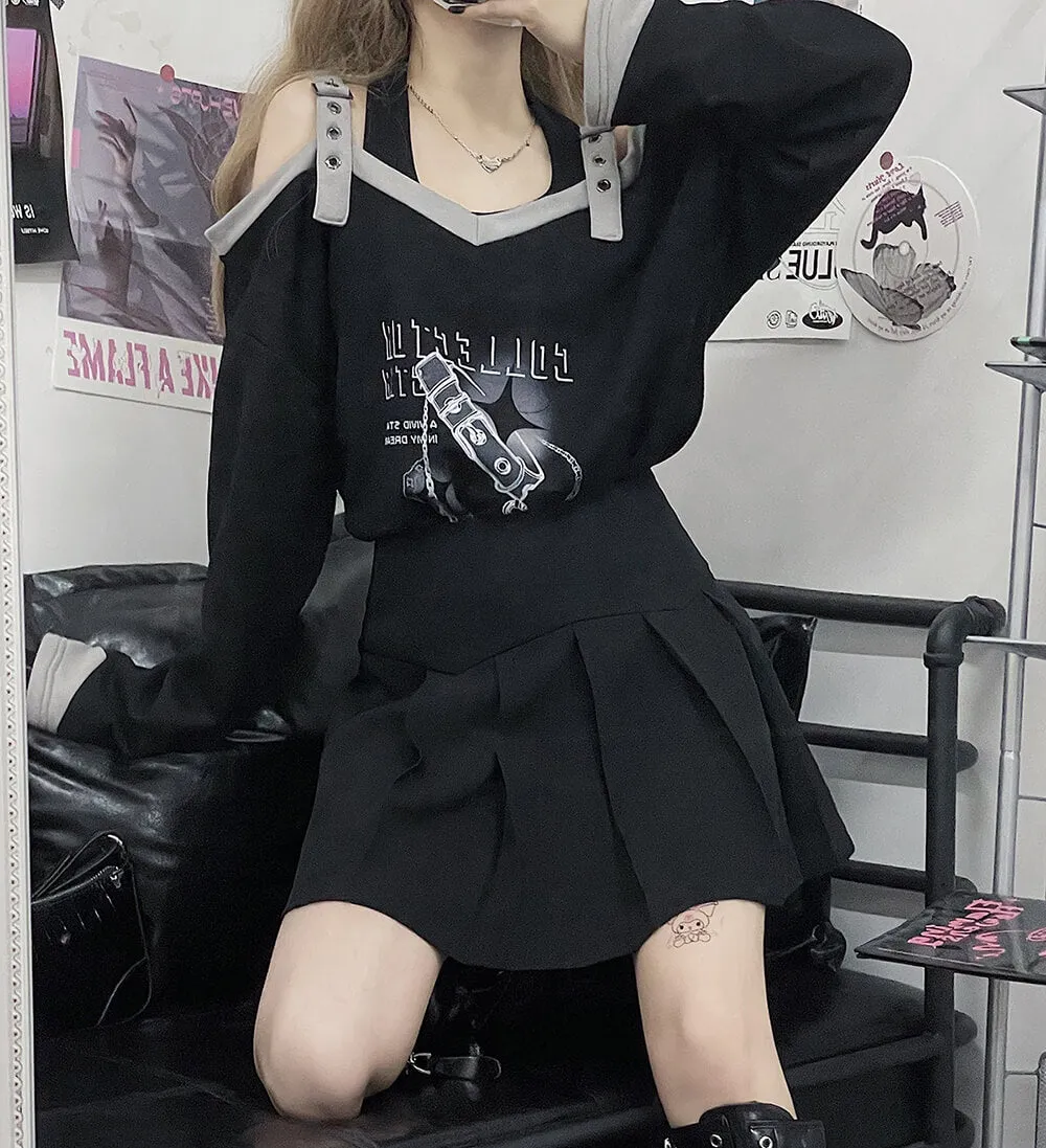 Off Shoulder Strap Sweatshirt with Buckle Choker