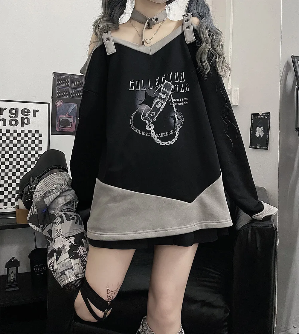Off Shoulder Strap Sweatshirt with Buckle Choker