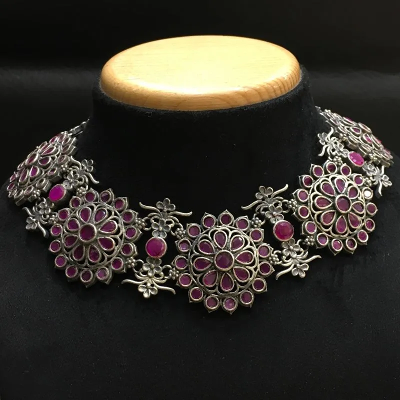 Ruby Oxidized Necklace Set With Matching Tops