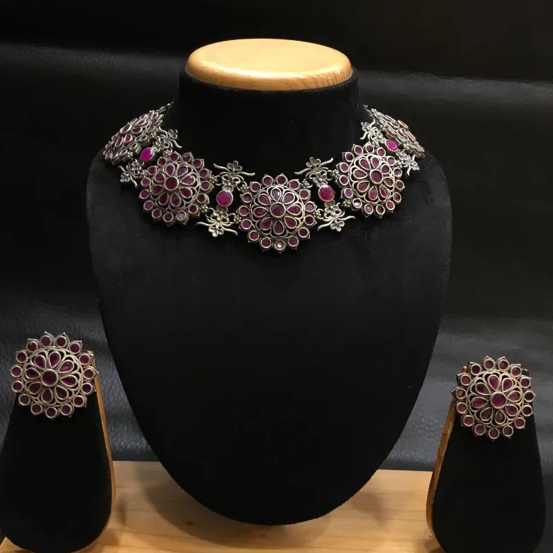 Ruby Oxidized Necklace Set With Matching Tops
