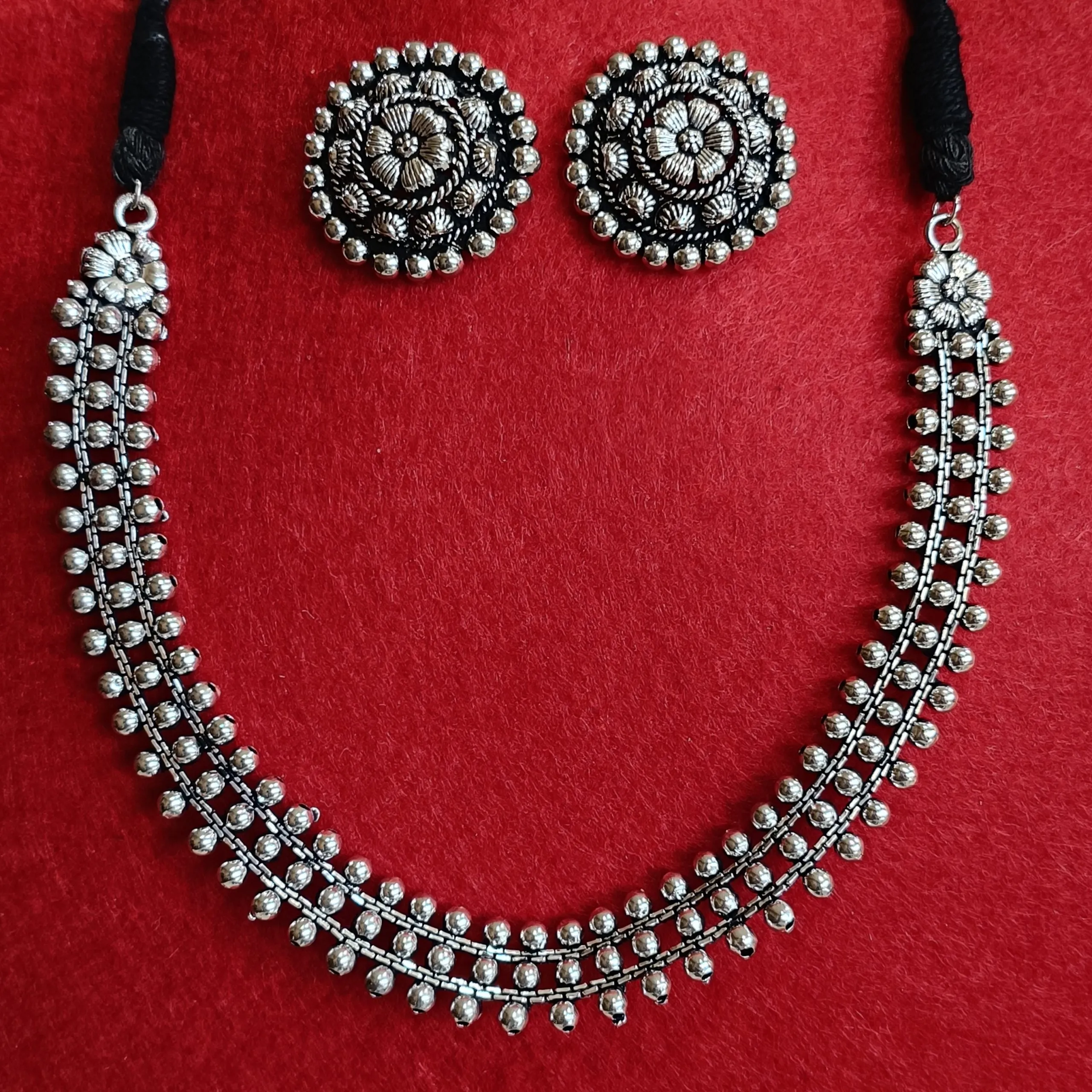 Silver Oxidised Plated Delicate Choker Necklace Set-OXDNK2334