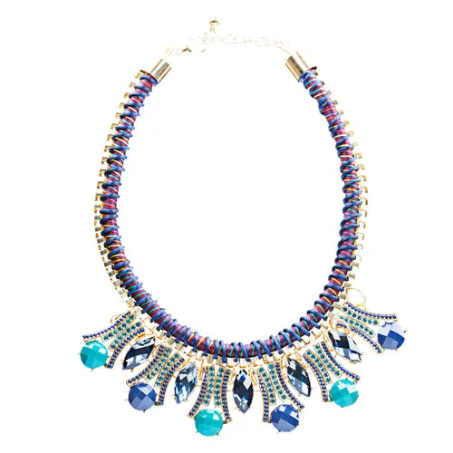 Statement Faceted Gem Bib Style Bold Fashion Necklace Set Gold Blue Navy