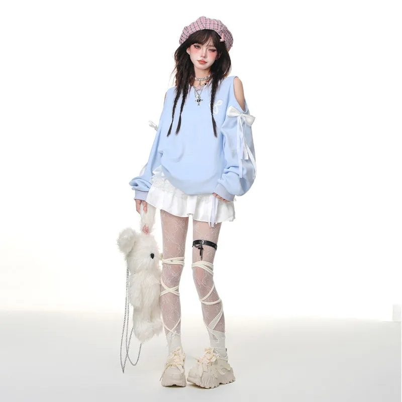 Sweet Soft Girl Style Blue Off-Shoulder Sweatshirt