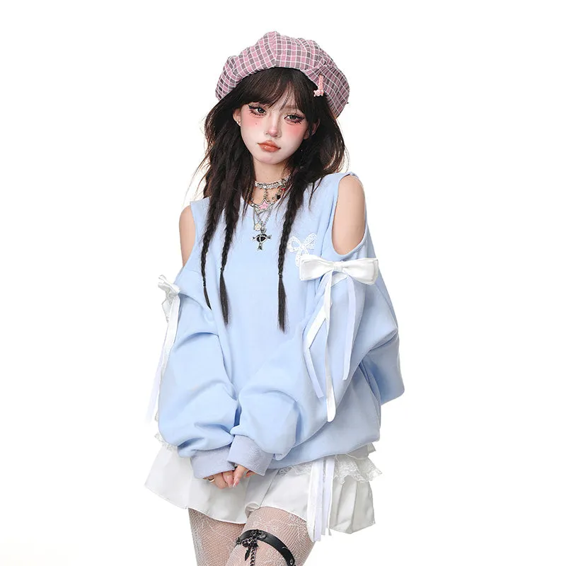 Sweet Soft Girl Style Blue Off-Shoulder Sweatshirt