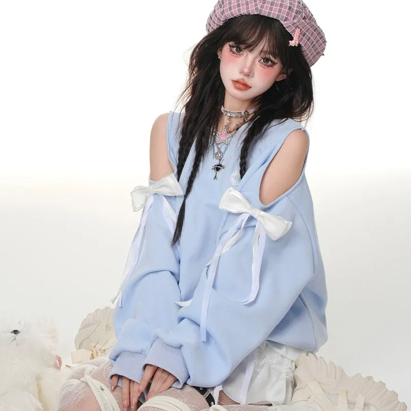 Sweet Soft Girl Style Blue Off-Shoulder Sweatshirt