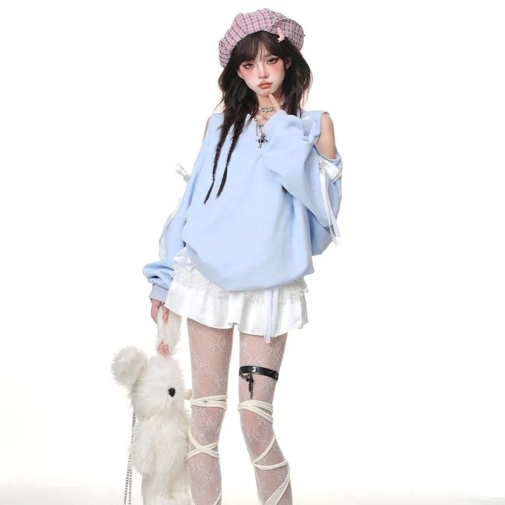 Sweet Soft Girl Style Blue Off-Shoulder Sweatshirt