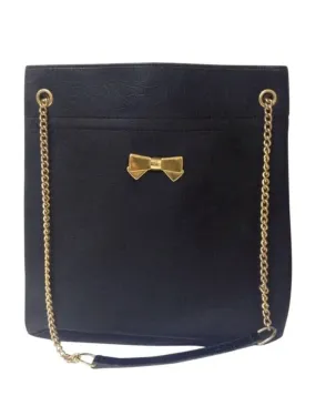 Vintage Nina Ricci black tote bag with golden chain straps with golden logo bow, ribbon shape motif. Perfect daily purse